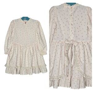 VTG Peaches 'N Cream Pink Stripe Floral Lace Collar Prairie Dress Girl Sz 6